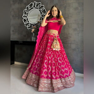 Magenta Sequin Zari Embroidered Banglori Silk Lehenga Choli Set